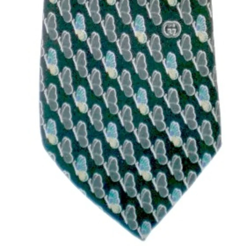Gucci Italy black gray silk butterfly print tie